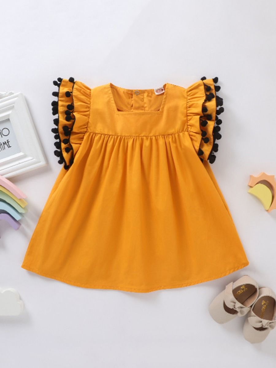 Wholesale Kid Girl Pom Pom Decor Flutter Sleeve Dress 2