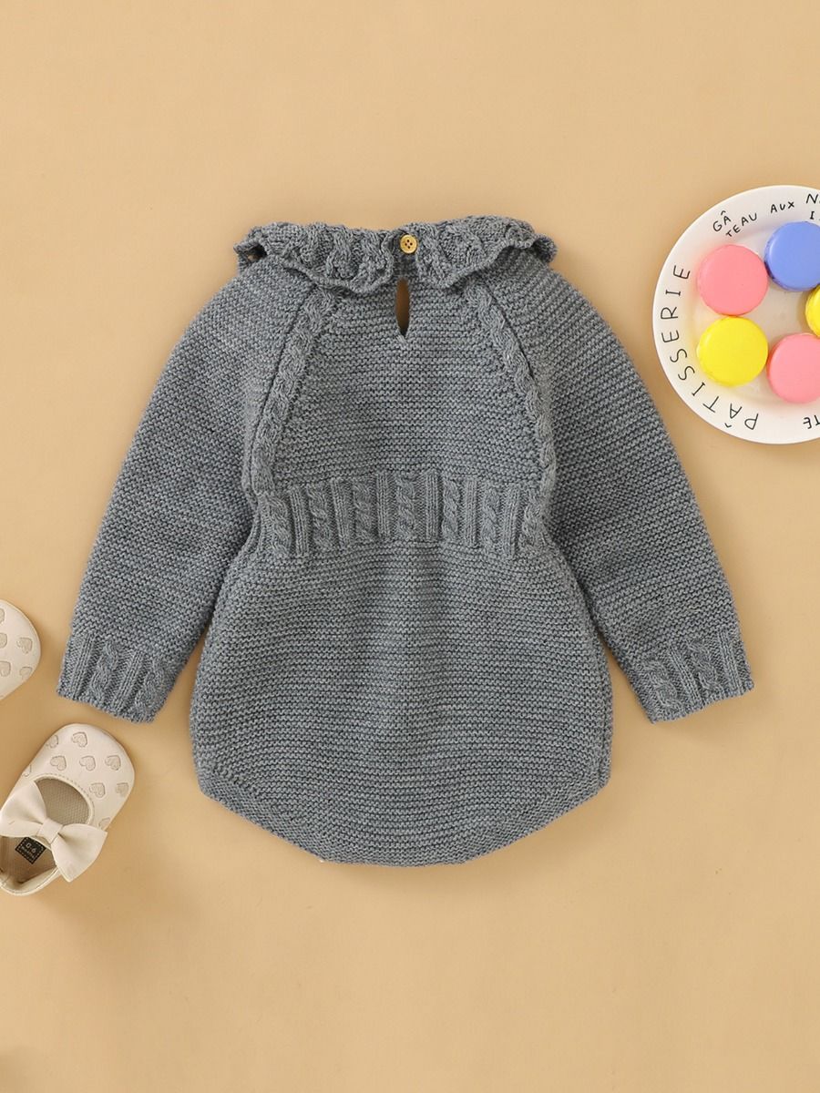 Baby Girl Solid Color Ruffle Collar Long Sleeves Knit Simple Jumpsuit