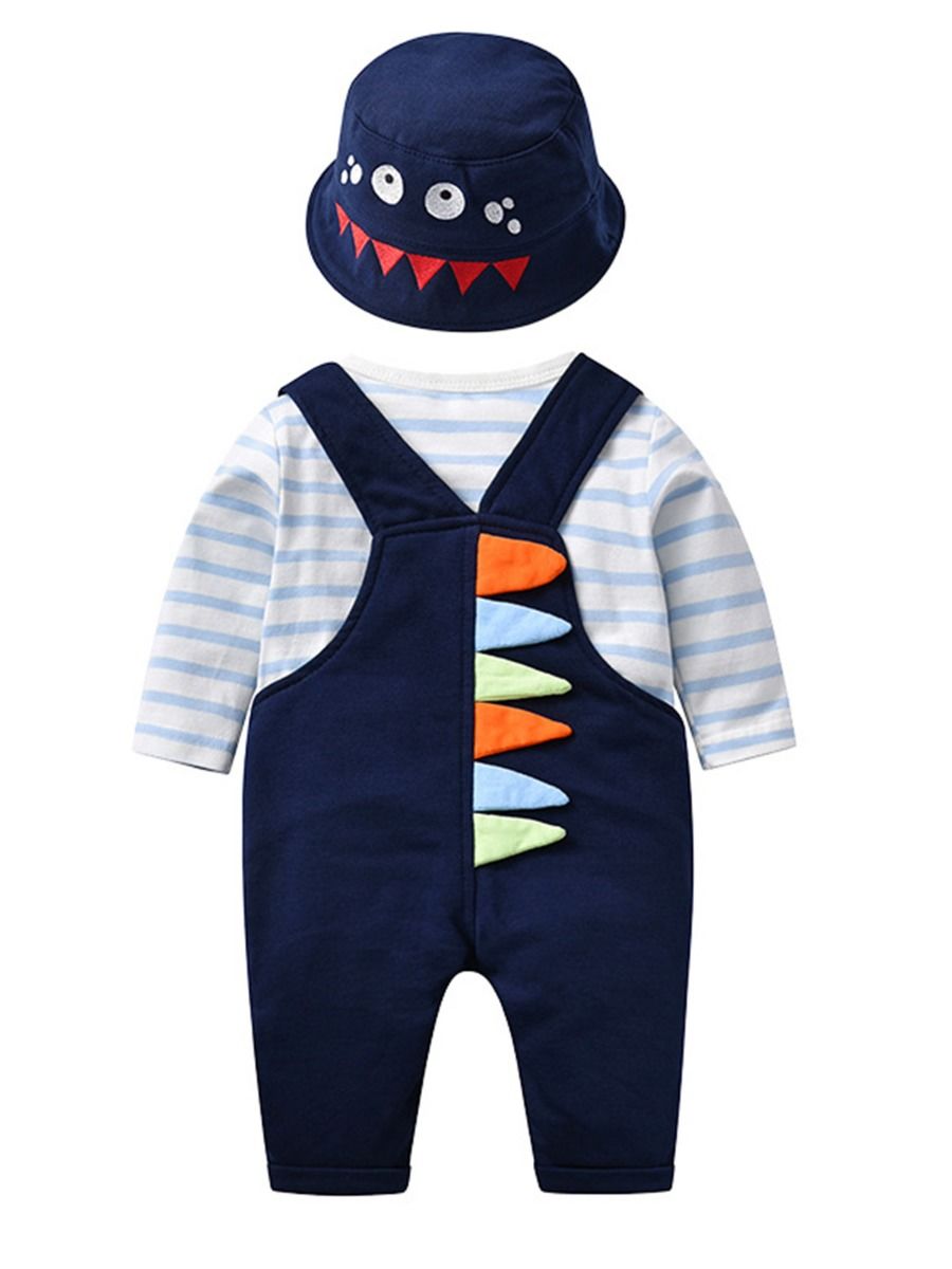 Wholesale 3 PCS Baby Boy Dinosaur Overalls & Stripe Bod