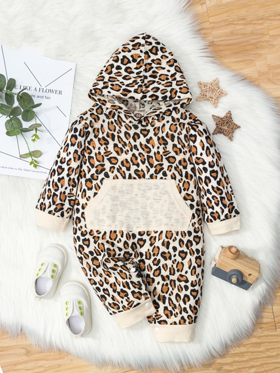 Wholesale Baby Kangaroo Pocket Leopard Hooded Jumpsuit