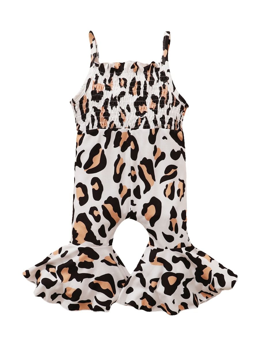 Wholesale Baby Girl Leopard Shirred Cami Flare Jumpsuit