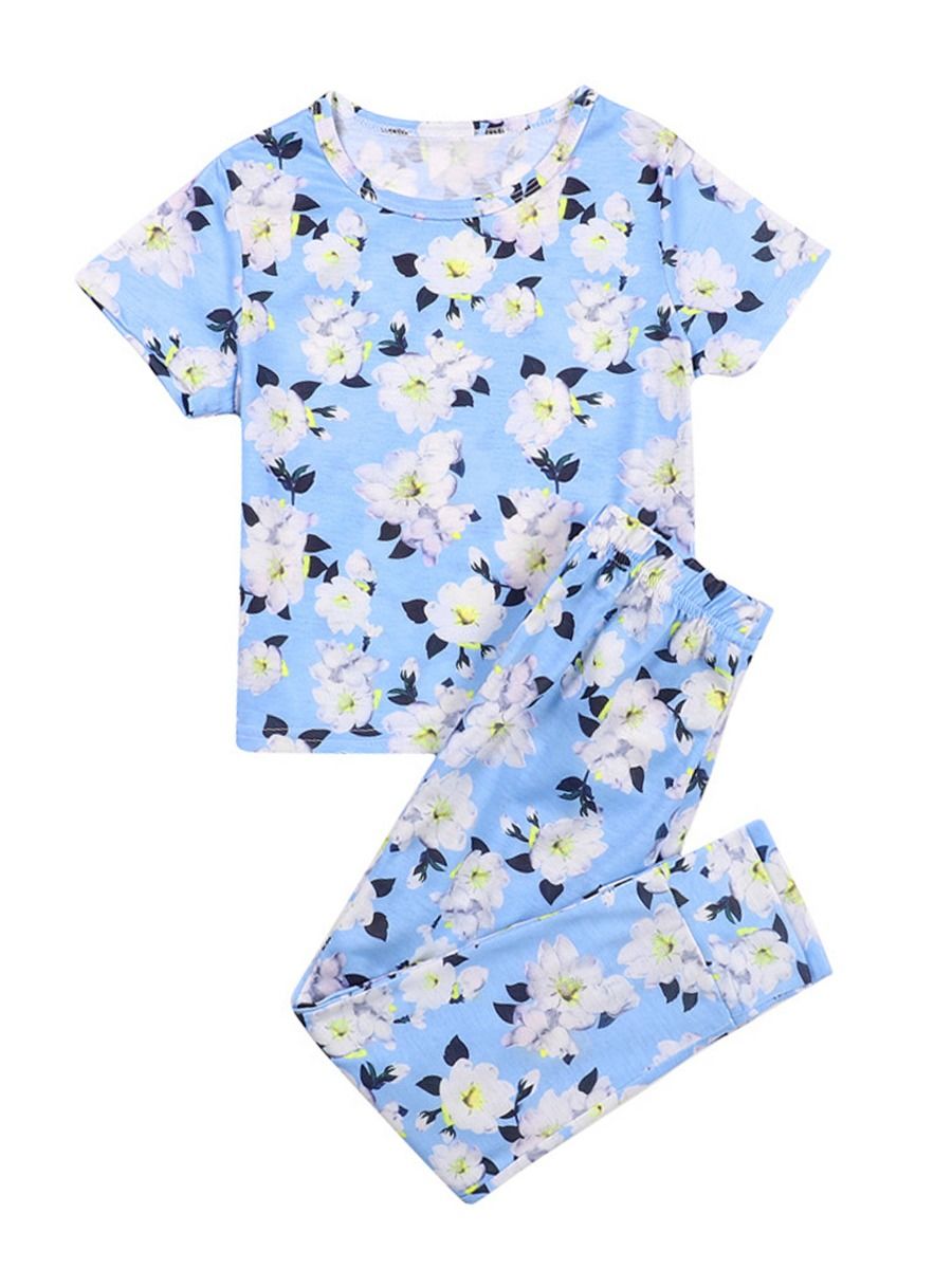 Wholesale 2 Pieces Flower Print Girls Pajamas Sets Top