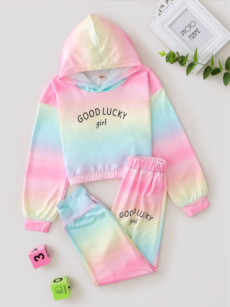 Wholesale 2 Pieces Good Lucky Girl Tie Dye Set Hooded T