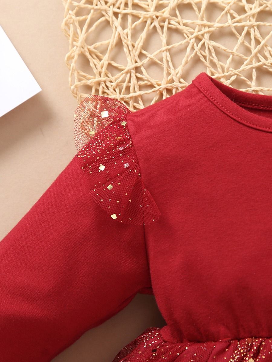 Babyhug Mesh Woven Half Sleeves Flared Partywear Dress With Sequins - Red main image 1