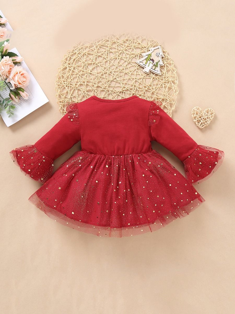Babyhug Mesh Woven Half Sleeves Flared Partywear Dress With Sequins - Red