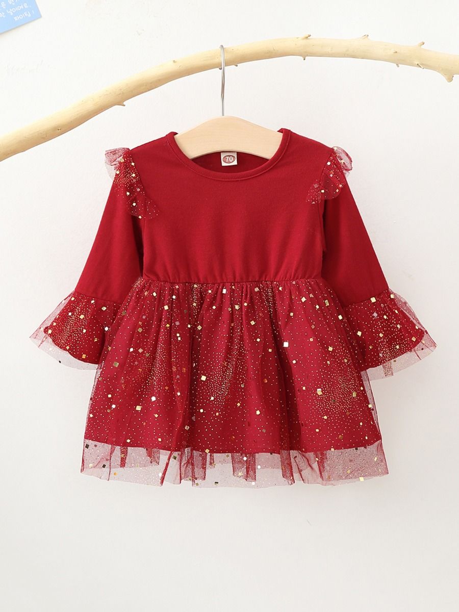 Babyhug Mesh Woven Half Sleeves Flared Partywear Dress With Sequins - Red main image 0