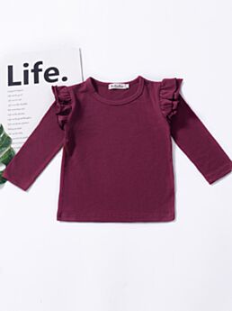 Solid Colour Flutter Long Sleeve T-shirt Top Homewear for Baby Toddler Girls Pullover
