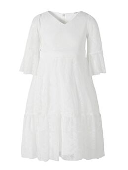 V Collar Flared Sleeve First Holy Communion Dress White Illusion Lace Baptism Dress Christening Gown 