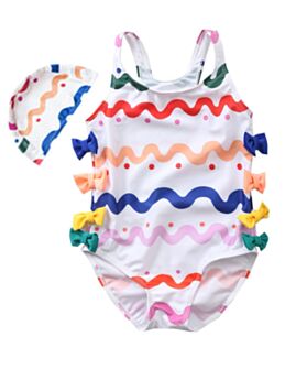 2-Piece Colorful Wave Pattern Bow Toddler Girl Bathing Suit with Swimming Hat