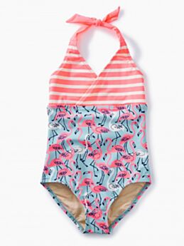 Stylish Flamingo/Flower Little Girl Halter Neck One Piece Bathing Suit
