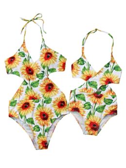 Mommy and Daughter Sunflower Halter Neck One Piece Bathing Suit