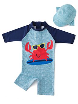 2-Piece Toddler Little Boy Crab Pattern Color-blocking Bathing Suit Matching Swimming Cap