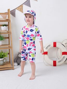 2-Piece Toddler Little Kids Fish Crab Print Bathing Suit Matching Swimming Cap