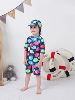 2-Piece Toddler Little Boy Fish Print Bathing Suit Matching Swimming Cap