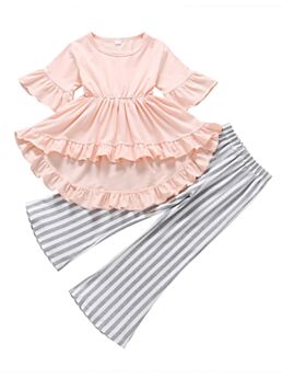 2-Piece Little Girl Pink Hi Lo Tunic Top Matching Stripe Bell-bottoms Set