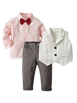 3-Piece Spring Little Boys Party Clothes Outfits Bow Tie Pink Shirt+Pants+Vest
