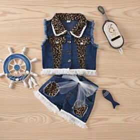 9M-4Y Blue Denim And Leopard Colorblock Sleeveless Tops And Shorts Set Wholesale Kids Boutique Clothing