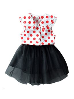 2-Piece Fashion Little Girl Polka Dots Top and Black Tulle Skirt Outfits