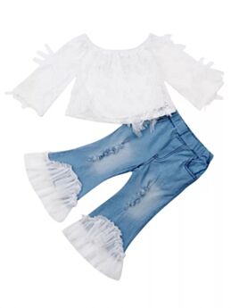 2-Piece Chic White Off Shoulder Top and Ripped Denim Bell-bottoms Outfits