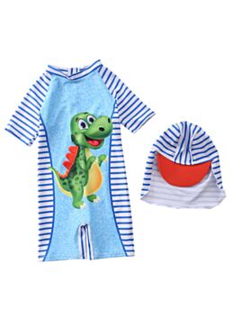Cartoon Stripe One-piece Bathing Suit & Swimming Cap