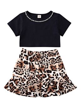 2-Piece Fashion Beaded Crop Top and Leopard Print Skirt Outfits