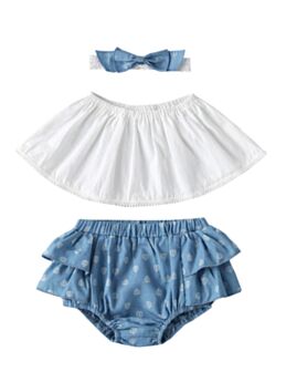 3-Piece Baby Girl White Crop Top Leaf Blue Shorts Headband Set