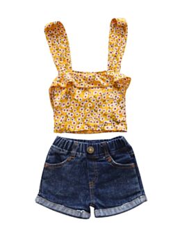 2-Piece Floral Top & Elastic Waist Demin Shorts Set