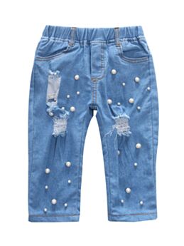 Stylish Little Girl Beaded Ripped Blue Seven Cents  Jeans