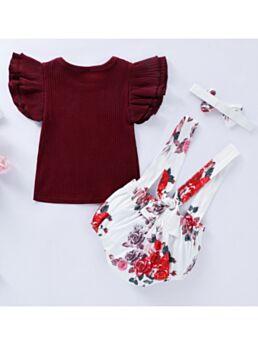 3-Piece Ribbed Floral Baby Girl Outfit Flutter-sleeve Top & Suspender Shorts & Headband