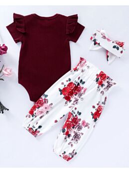 3-Piece Ribbed Floral Baby Girl Set Flutter-sleeve Bodysuit & Belted Trousers & Headband