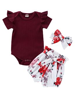 3-Piece Baby Girl Ribbed Floral Set Flutter-sleeve Bodysuit & Belted Shorts & Headband