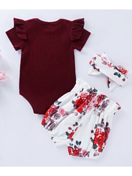 3-Piece Baby Girl Ribbed Floral Set Flutter-sleeve Bodysuit & Belted Shorts & Headband