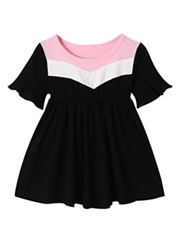 Little Girl Color Blocking Round Neck Simple Dress