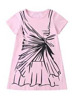 Summer Little Girl Cartoon Short Sleeve Pink  T-shirt Dress