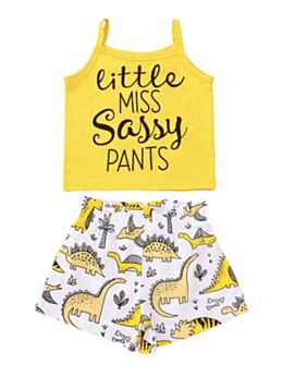 2-Piece Stylish Girl Little MISS Sassy PANTS Set Yellow Cami Top & Dino Shorts