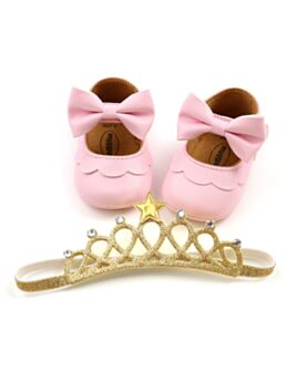 2 Pieces Baby Girl Soft Soled Non-slip Crib Shoes With Crown Headband