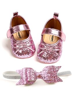2-Piece Infant Girl Sequins Crib Shoes With Bowknot Headband