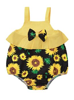 Infant Girl Fake Two Piece Sunflower Printed Bowknot Strap Bodysuit