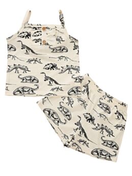 2 Pieces Little Girl Dinosaur Printed Suspender Top Matching Shorts Set In Apricot 