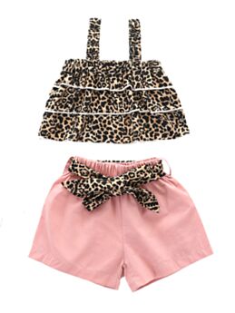 2 Pieces Infant Girl Leopard Printed Set Ruffle Layered Cami Top And Belted Pink Shorts 