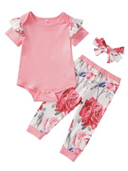 3 Pieces Baby Girl Floral Printed Pink Set Flutter Sleeve Bodysuit & Pants & Headband