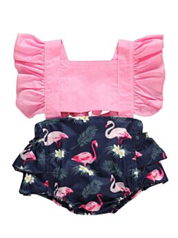 Infant Girl Ruffle Sleeve  Flamingo Plant Flower Print Bodysuit