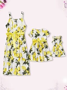 Mom And Daughter Lemon Print Holiday Belted Dress 