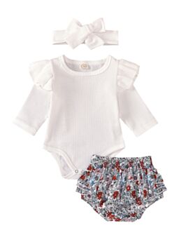 3 Pieces Baby Girl Ribbed Bodysuit & Floral Print Skirt & Headband Set