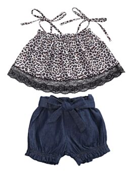 2-Piece Baby Girl Leopard Cami Top Matching Denim Shorts Set 