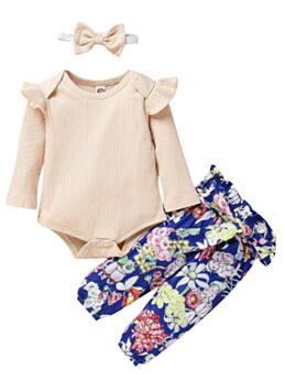 3 Piece Baby Girl Flower Set Ribbed Bodysuit & Pants & Headband
