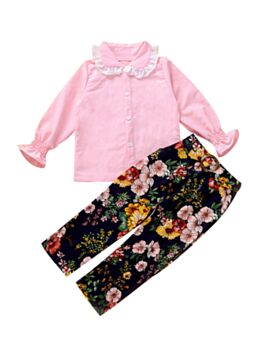 2 Pieces Kid Girl Lantern sleeve Blouse Matching Floral Pants Set