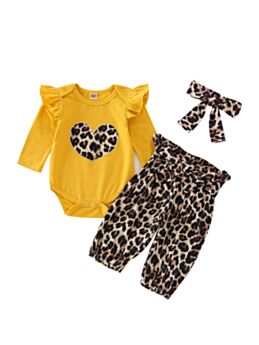 3 Pieces Baby Girl Leopard Set Love Heart Bodysuit & Belted Pants & Headband
