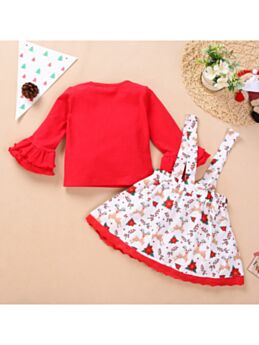 2 Pieces Toddler Girl Christmas Letters Set Flared Sleeve Top Matching Deer Bow Suspender Skirt