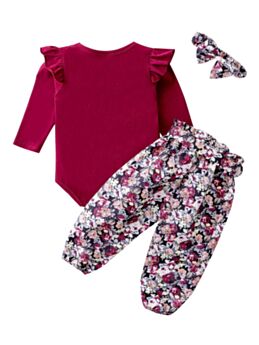 3 Pieces Baby Girl Red Bodysuit & Floral Pants & Headband Outfits